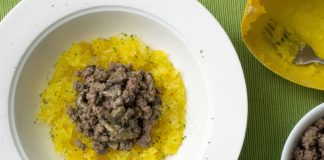 Dairy Free Beef Stroganoff served over spaghetti squash from domesticsoul.com